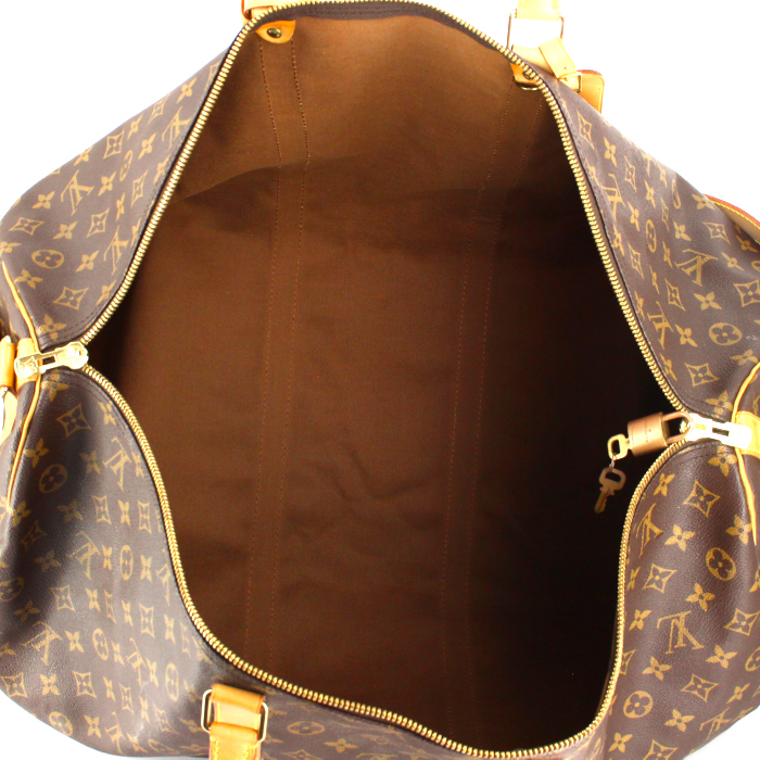 Borsa da viaggio Louis Vuitton Keepall 60 cm in tela monogram e pelle naturale - Detail D3