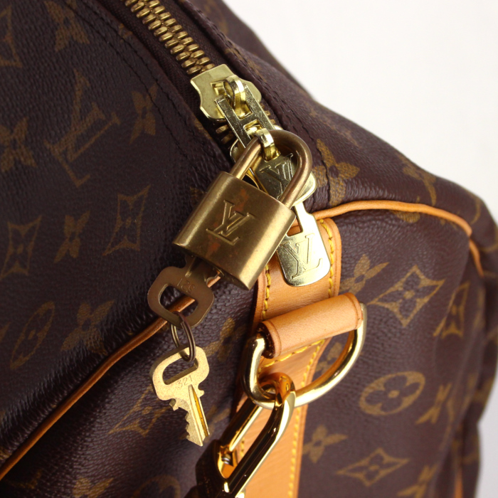 Sac de voyage Louis Vuitton Keepall 60 cm en toile monogram et cuir naturel  - Detail D4