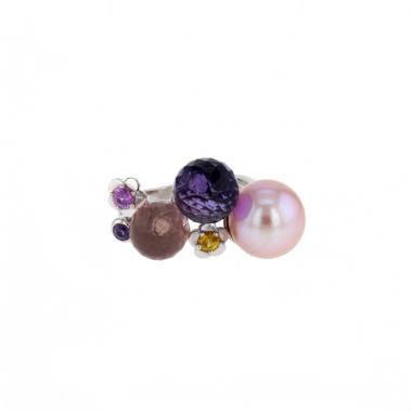 Chanel Mademoiselle medium model ring in white gold,  amethyst and quartz and in cultured pearl