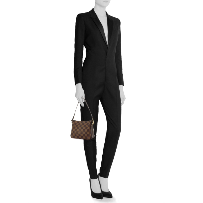 Pochette in tela a scacchi ebana e pelle marrone - Detail D1