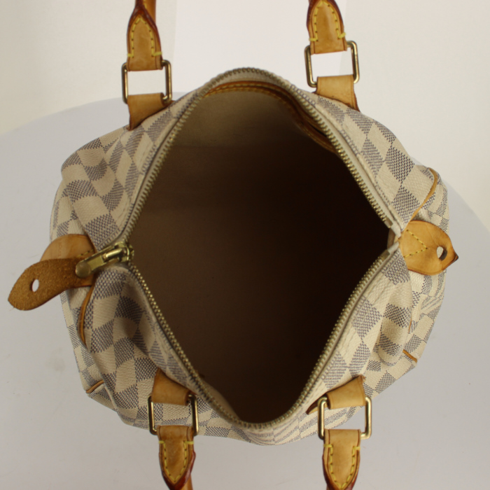 Sac à main Louis Vuitton Speedy 25 cm en toile damier azur et cuir naturel - Detail D2