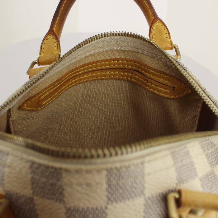 Sac à main Louis Vuitton Speedy 25 cm en toile damier azur et cuir naturel - Detail D3