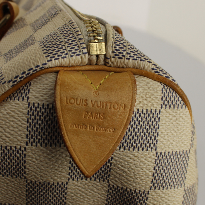 Sac à main Louis Vuitton Speedy 25 cm en toile damier azur et cuir naturel - Detail D4