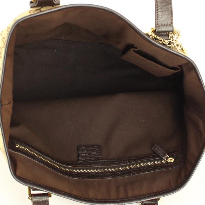 Sac cabas Gucci en toile monogram beige et cuir marron - Detail D2