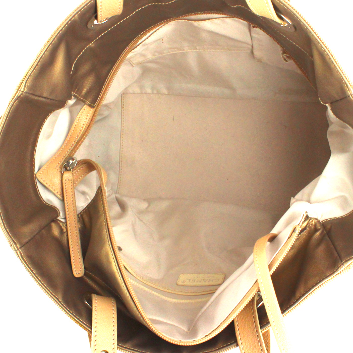 Borsa in tela beige e oro e pelle beige - Detail D2