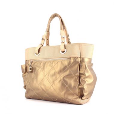 Borsa in tela beige e oro e pelle beige