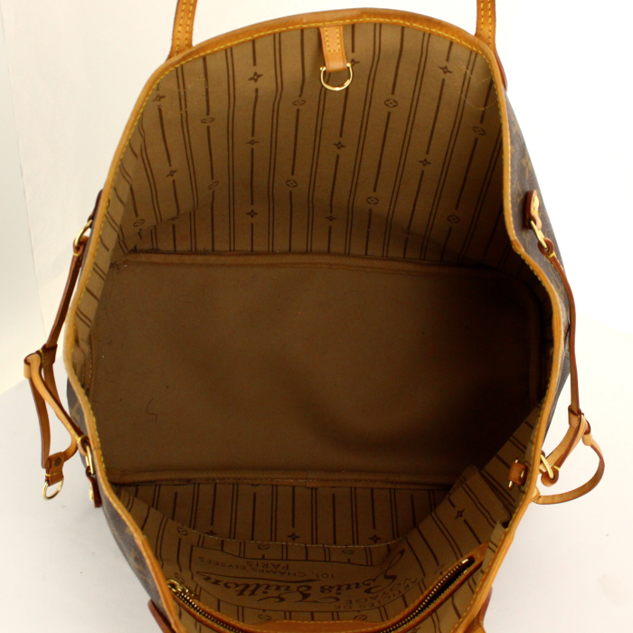 Bolso Cabás Louis Vuitton Neverfull modelo mediano en lona Monogram y cuero natural - Detail D2