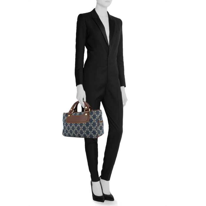 Celine Boogie handbag in blue monogram denim canvas and brown leather - Detail D1