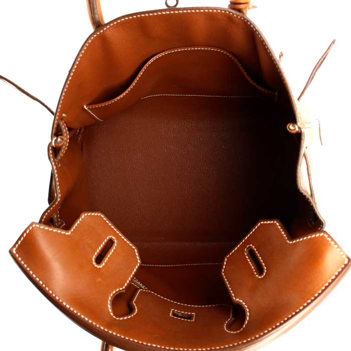 Sac à main Hermes Birkin 30 cm en toile beige et cuir Barénia marron - Detail D2