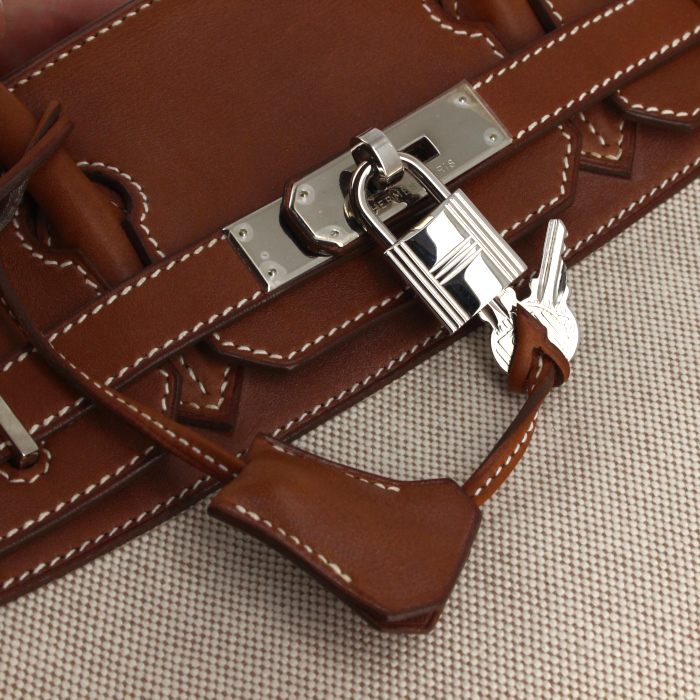 Borsa Birkin 30 cm in tela beige e pelle Barenia marrone - Detail D5