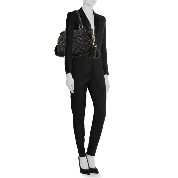 Borsa Louis Vuitton in tela denim monogram e pelle nera - Detail D2