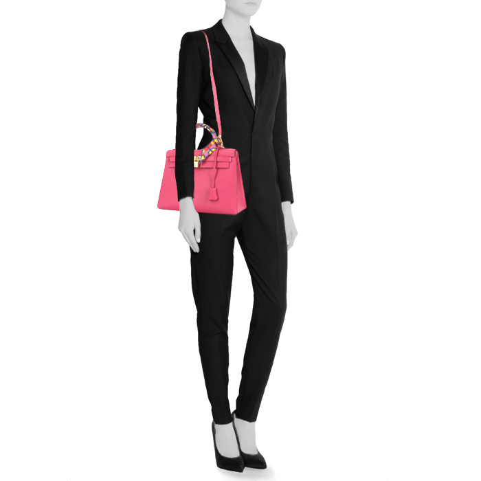 Bolso de mano Hermes Kelly 32 cm en cuero rosa fucsia - Detail D1