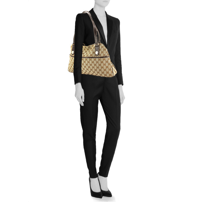 Borsa a spalla media in tela monogram cerata e beige e pelle marrone - Detail D1