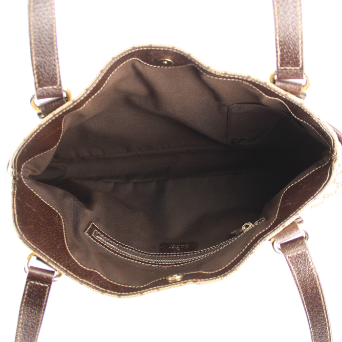 Borsa a spalla media in tela monogram cerata e beige e pelle marrone - Detail D2