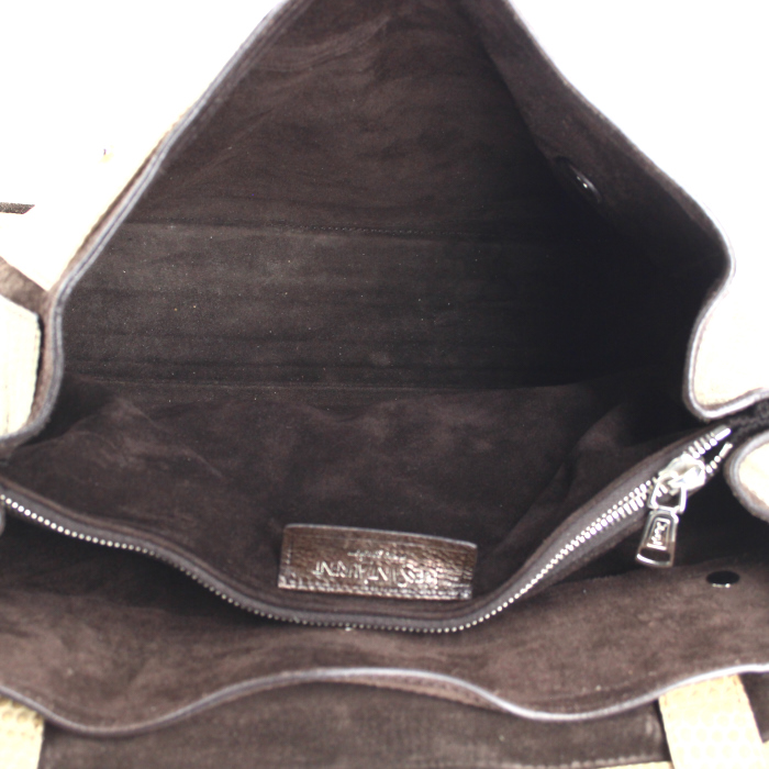 Bolso de mano Yves Saint Laurent Muse modelo mediano en cuero marrón y gris y ante beige - Detail D2