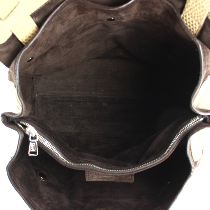 Sac à main Yves Saint Laurent Muse moyen modèle en cuir marron et gris et daim beige - Detail D3