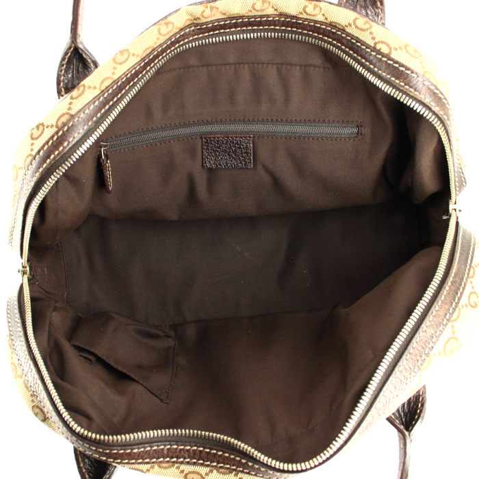 Gucci handbag in beige monogram canvas and brown leather - Detail D2