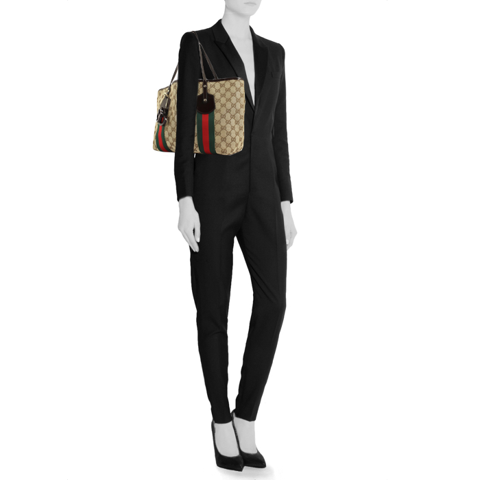 Shopping bag in tela monogram beige e pelle verniciata marrone - Detail D1