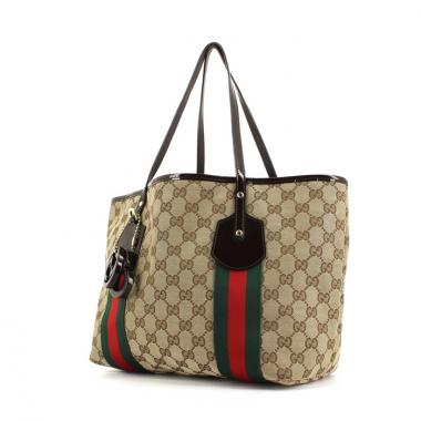 Sac cabas Gucci en toile monogram beige et cuir vernis marron