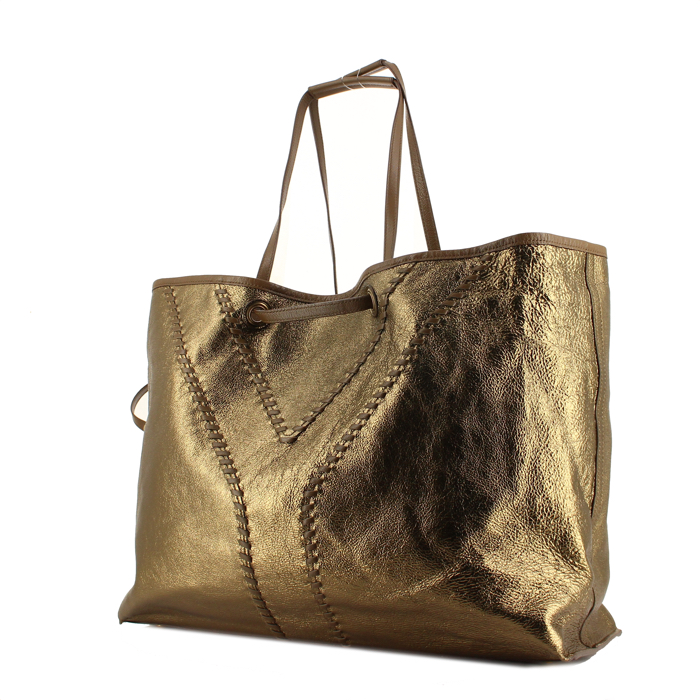 Sac cabas "Réversible" Saint Laurent en cuir marron et doré - Detail D2