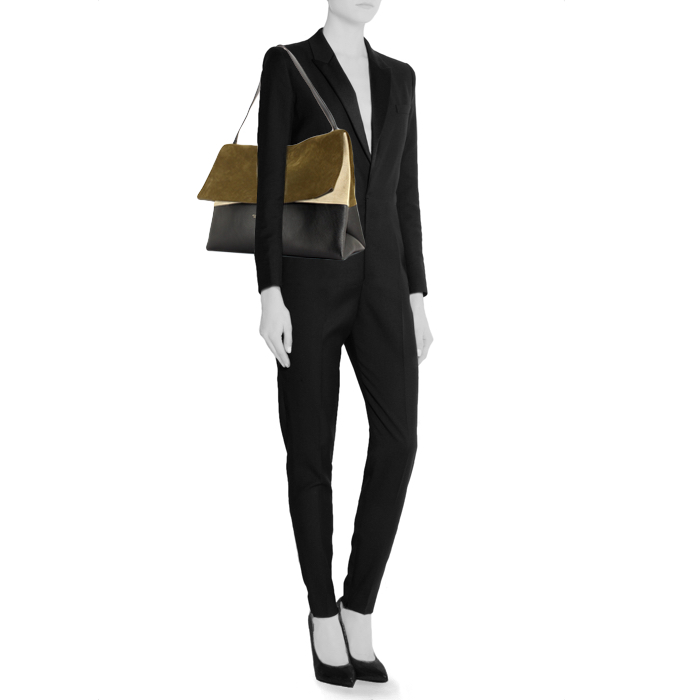 Bolso de mano Celine All Soft en ante caqui y beige y cuero negro - Detail D1