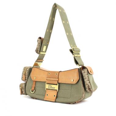 Borsa in tela verde kaki e pelle beige