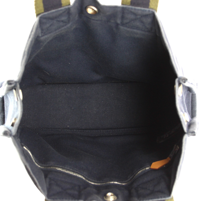 Sac cabas Hermes Toto Bag - Shop Bag en toile bleue et verte - Detail D2