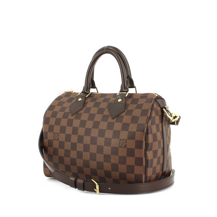 Sac à main Louis Vuitton Speedy 25 cm en toile damier ébène et cuir marron