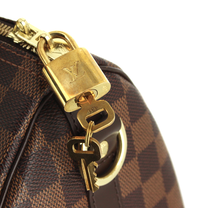 Sac à main Louis Vuitton Speedy 25 cm en toile damier ébène et cuir marron - Detail D5