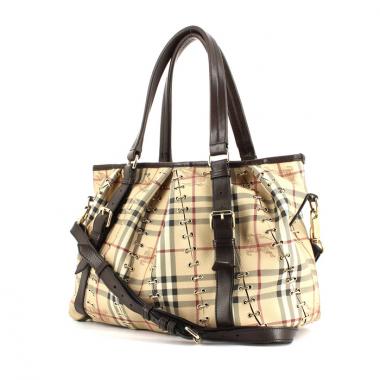 Borsa in tela Haymarket beige e pelle marrone