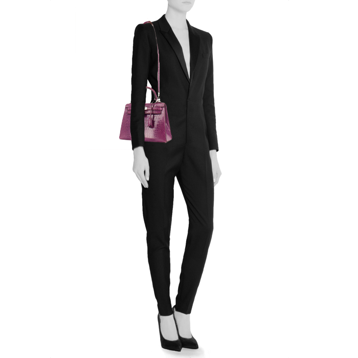 Bolso de mano Hermes Kelly 25 cm en cocodrilo violeta - Detail D1