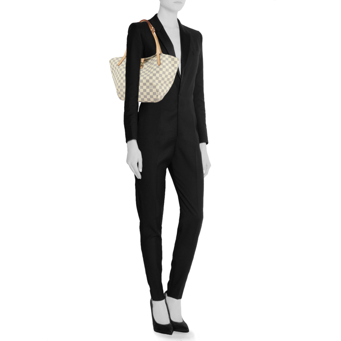 Sac cabas Louis Vuitton en toile damier azur et cuir naturel - Detail D1