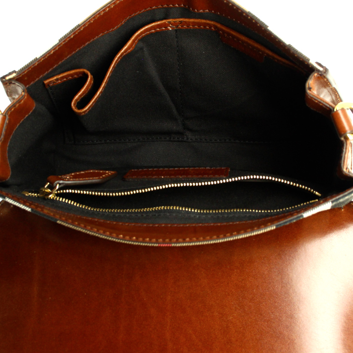 Bolso zurrón Burberry en cuero marrón y lona Haymarket beige - Detail D2