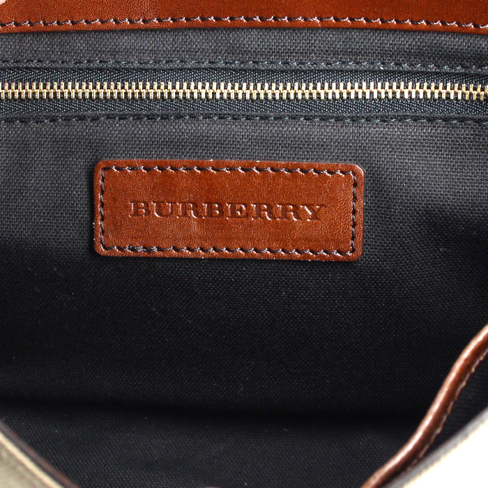 Sac besace Burberry en cuir marron et toile Haymarket beige - Detail D3
