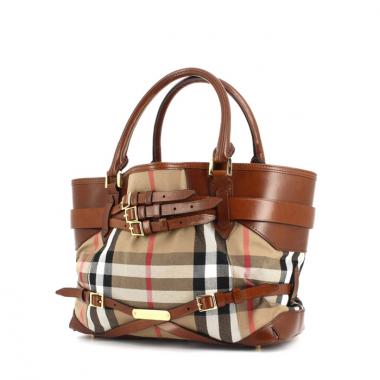Bolso de mano Burberry en lona Haymarket beige y cuero marrón