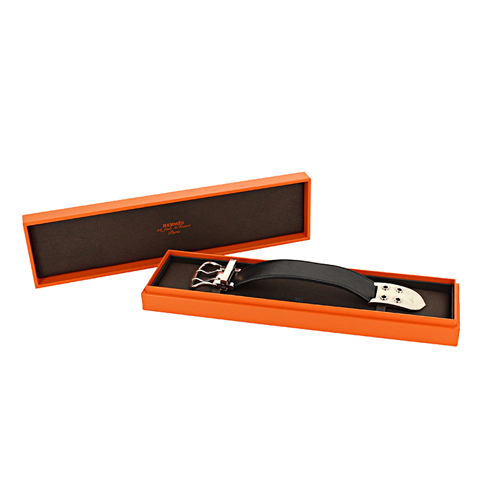 Brazalete Hermes Boucle Sellier en plata y cuero negro - Detail D2