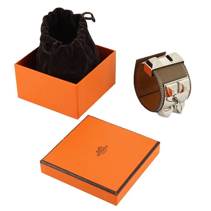 Bracelet manchette Hermes Médor en palladium et cuir étoupe