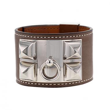 Hermes Médor cuff bracelet in palladium and leather