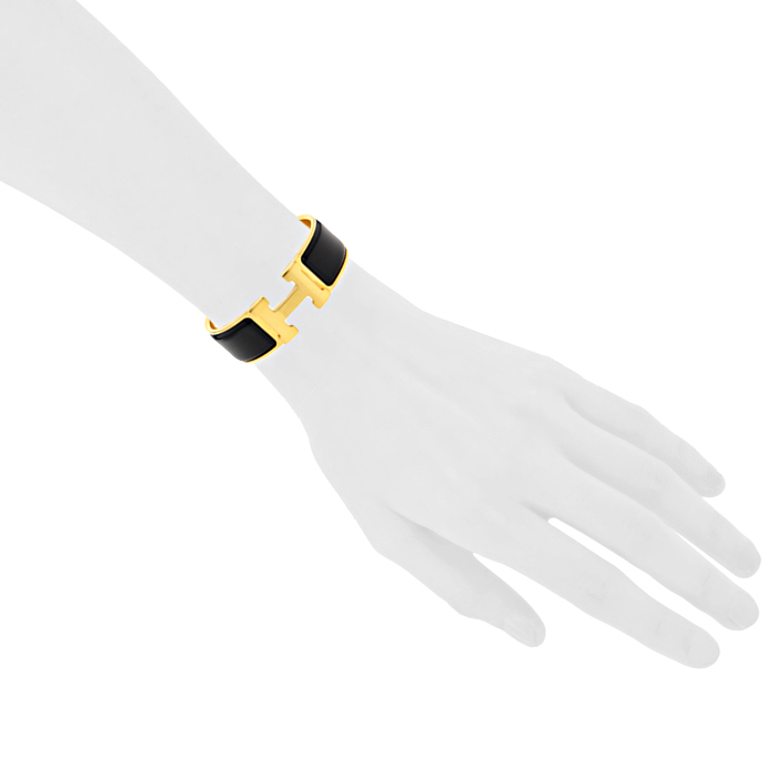 Brazalete que se puede abrir Hermes Clic Clac modelo grande en oro chapado y esmalte negro - Detail D1