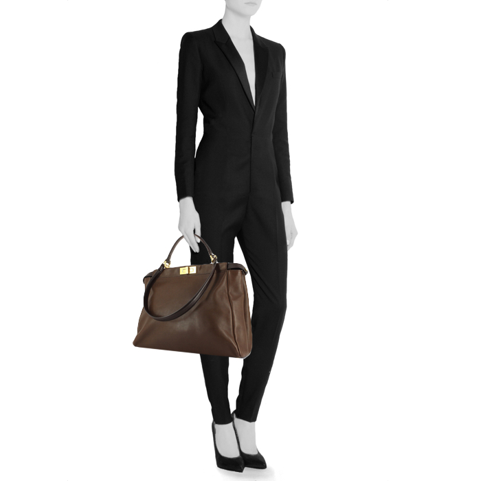 Borsa Fendi Peekaboo larga in pelle bicolore marrone - Detail D1