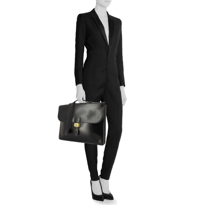 Porte-documents Hermes Sac à dépêches en cuir box noir - Detail D1