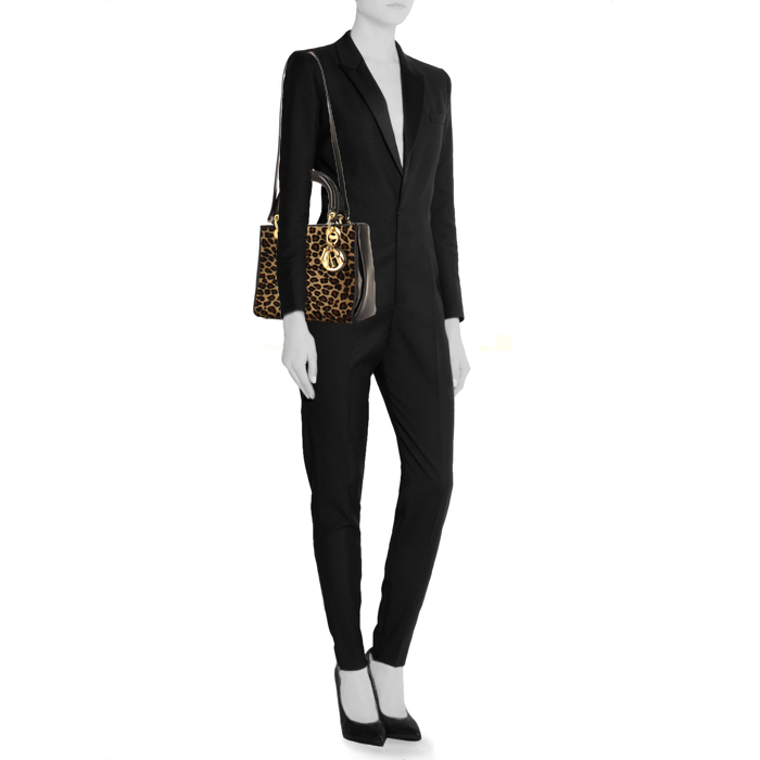 Borsa Lady Dior in puledro con stampa leopardata e pelle verniciata marrone - Detail D2