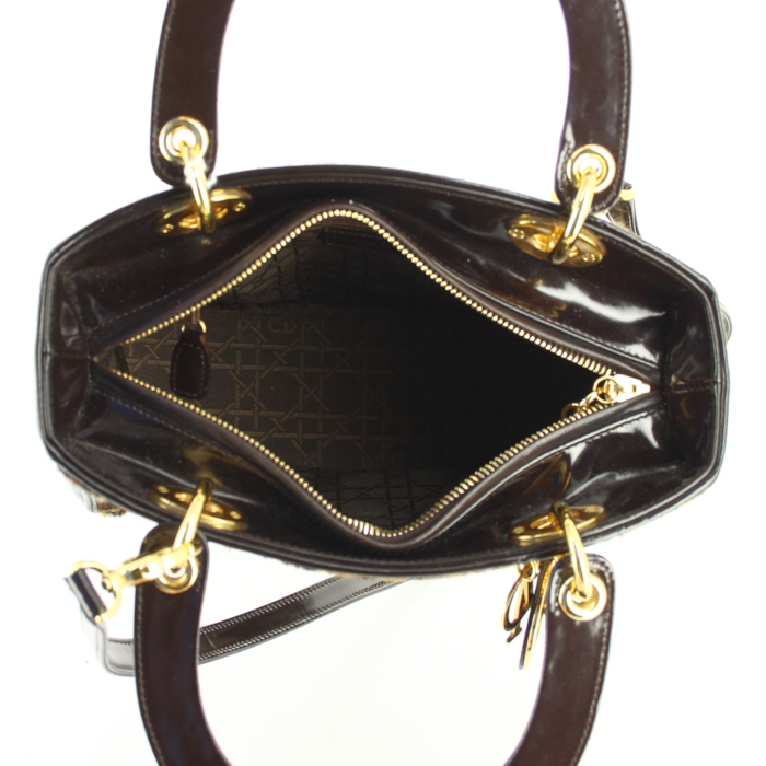 Borsa Lady Dior in puledro con stampa leopardata e pelle verniciata marrone - Detail D3