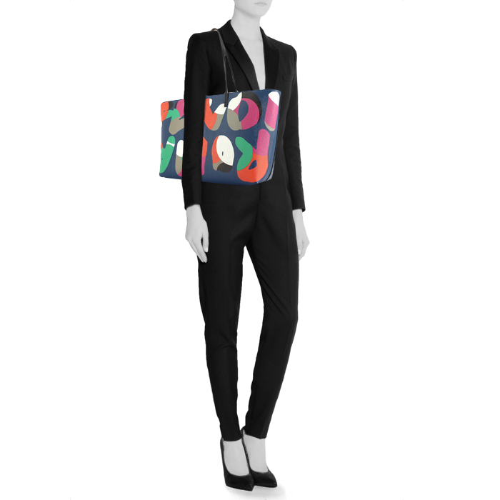 Shopping bag in tela monogram blu con decori geometrici e pelle nera - Detail D1