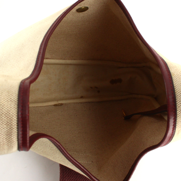 Bolso de mano Hermes en lona beige y cuero color burdeos - Detail D2