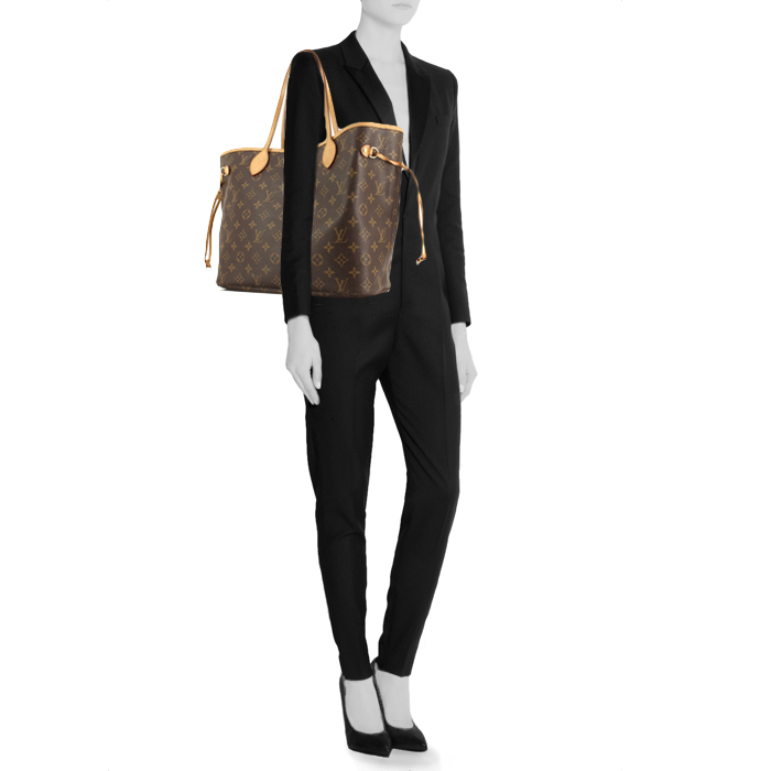 Sac cabas Louis Vuitton Neverfull grand modèle en toile monogram et cuir naturel - Detail D1