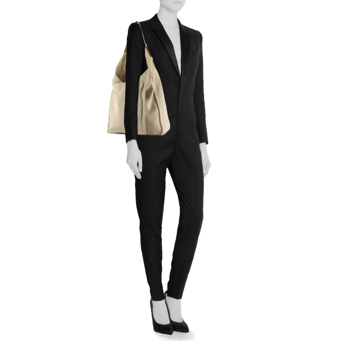 Sac porté épaule Hermes en toile beige et cuir naturel - Detail D1