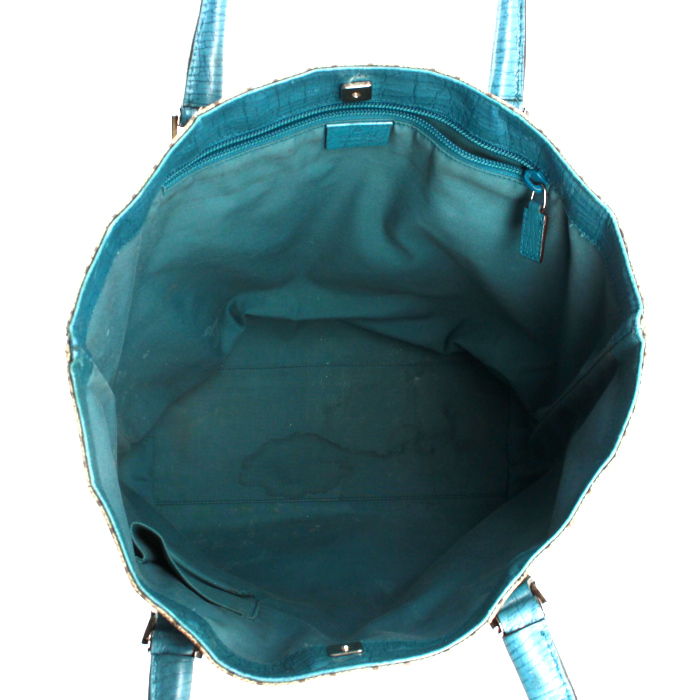 Shopping bag in tela monogram beige e pelle blu - Detail D2