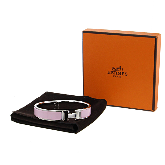 Bracelet ouvrant Hermes Clic Clac petit modèle en palladium et émail rose-poudre - Detail D2