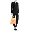 Shopping bag Silky Pop - Shop Bag in tela con stampa arancione motivi e pelle marrone - Detail D1 thumbnail